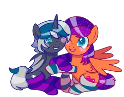 Size: 1011x791 | Tagged: safe, artist:kb-gamerartist, derpibooru import, oc, oc:elizabat stormfeather, oc:jade the pegasus, unofficial characters only, alicorn, bat pony, bat pony alicorn, pegasus, pony, alicorn oc, bat pony oc, bat wings, blushing, clothes, duo, female, grin, horn, hug, image, mare, one eye closed, png, raised hoof, simple background, sitting, smiling, socks, striped socks, transparent background, wings, wink