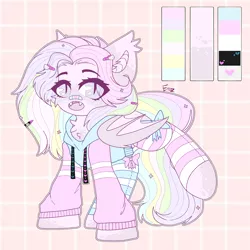 Size: 2300x2300 | Tagged: safe, artist:etoz, derpibooru import, oc, oc:kam, unofficial characters only, bat pony, pony, bandaid, bat pony oc, bat wings, clothes, cute, fangs, female, hairpin, hoodie, image, mare, ocbetes, open mouth, png, reference sheet, ribbon, socks, striped socks, wings