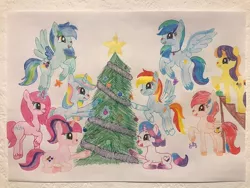 Size: 1080x810 | Tagged: safe, artist:lillycloudart, derpibooru import, oc, unofficial characters only, earth pony, pegasus, pony, unicorn, christmas, christmas tree, earth pony oc, eyelashes, female, flying, glowing horn, holiday, horn, image, jewelry, jpeg, lying down, magic, necklace, one eye closed, open mouth, pegasus oc, prone, raised hoof, red nose, smiling, telekinesis, traditional art, tree, unicorn oc, unshorn fetlocks, wings, wink