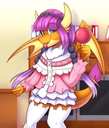 Size: 1500x1750 | Tagged: safe, artist:shadowreindeer, derpibooru import, smolder, anthro, dragon, candy, clothes, cosplay, costume, crossover, cute, dragoness, dress, eye clipping through hair, female, food, image, jpeg, kanna kamui, kobayashi-san chi no maid dragon, lollipop, skirt, smolderbetes, socks, thigh highs, tongue out, zettai ryouiki