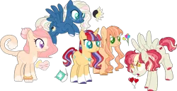 Size: 3674x1883 | Tagged: safe, artist:stalebread-chan, derpibooru import, oc, oc:dizzy balloons, oc:glittering fabric, oc:kitty coture, oc:midnight sun, oc:tulip may, unofficial characters only, earth pony, hybrid, pegasus, pony, unicorn, base used, colored pupils, crack ship offspring, earth pony oc, flying, freckles, horn, image, interspecies offspring, magical lesbian spawn, next generation, offspring, parent:big macintosh, parent:capper dapperpaws, parent:derpy hooves, parent:fluttershy, parent:night glider, parent:princess cadance, parent:rarity, parent:roseluck, parent:sunburst, parent:sunset shimmer, parents:cadper, parents:derpyluck, parents:fluttermac, parents:nightshimmer, parents:rariburst, pegasus oc, png, simple background, socks (coat marking), star (coat marking), transparent background, unicorn oc, wings