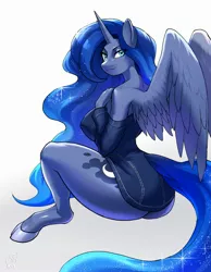 Size: 1983x2550 | Tagged: suggestive, artist:kittellfox, derpibooru import, princess luna, alicorn, anthro, unguligrade anthro, ass, breasts, busty princess luna, butt, clothes, cutie mark, digital art, female, horn, image, jpeg, looking at you, moonbutt, pose, rear view, simple background, solo, solo female, spread wings, tail, thighs, white background, wide hips, wings