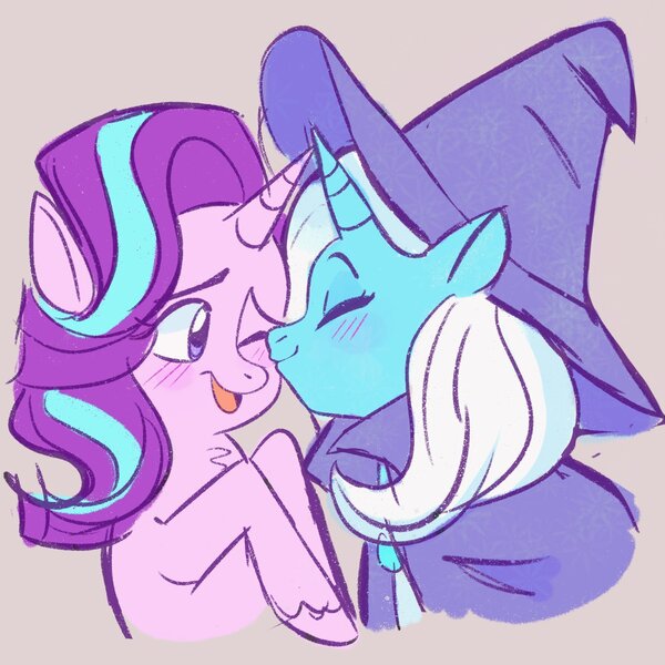 Size: 1449x1448 | Tagged: source needed, safe, artist:cosmicrewinds, derpibooru import, starlight glimmer, trixie, pony, unicorn, blushing, cape, clothes, cute, diatrixes, eyes closed, female, glimmerbetes, hat, horn, horns are touching, image, jpeg, kiss on the cheek, kissing, lesbian, mare, one eye closed, open mouth, shipping, simple background, smooch, startrix, white background