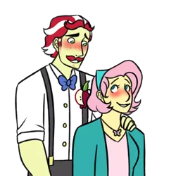 Size: 1500x1500 | Tagged: safe, artist:crayoncreates, derpibooru import, flam, fluttershy, equestria girls, blushing, bowtie, button-up shirt, clothes, crack shipping, female, flamshy, hand on shoulder, height difference, image, jacket, jewelry, male, necklace, png, shipping, shirt, short hair, simple background, straight, suspenders, transparent background