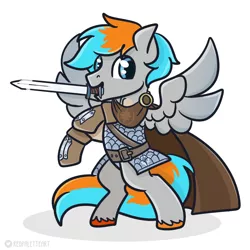 Size: 1280x1280 | Tagged: safe, artist:redpalette, derpibooru import, oc, oc:shade flash, pegasus, pony, armor, cape, clothes, dnd, image, jpeg, male, pegasus oc, roleplay, smiling, stallion, standing, sword, weapon, wings