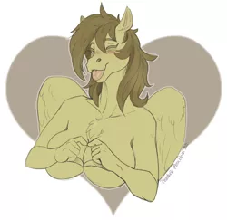 Size: 2276x2208 | Tagged: suggestive, artist:phathusa, derpibooru import, oc, oc:static spark, unofficial characters only, anthro, pegasus, barely covered, big breasts, blushing, breasts, bust, covering breasts, eyes closed, female, heart, heart hands, holiday, image, nudity, png, solo, solo female, tongue out, valentine's day, wings