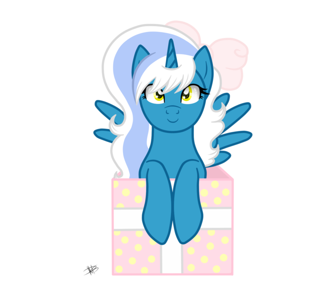 Size: 1600x1510 | Tagged: safe, artist:princessmoonsilver, derpibooru import, oc, oc:fleurbelle, alicorn, pony, alicorn oc, bow, box, female, gift art, hair bow, horn, image, looking at you, mare, png, pony in a box, present, ribbon, simple background, transparent background, wings, yellow eyes