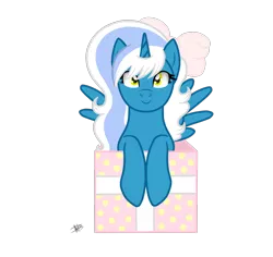 Size: 1600x1510 | Tagged: safe, artist:princessmoonsilver, derpibooru import, oc, oc:fleurbelle, alicorn, pony, alicorn oc, bow, box, female, gift art, hair bow, horn, image, looking at you, mare, png, pony in a box, present, ribbon, simple background, transparent background, wings, yellow eyes