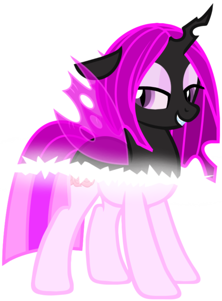 Size: 651x882 | Tagged: safe, artist:amgiwolf, derpibooru import, changeling queen oc, oc, oc:pinky rose, unofficial characters only, changeling, changeling queen, bedroom eyes, disguise, disguised changeling, female, grin, image, png, purple changeling, simple background, smiling, solo, transformation, transparent background