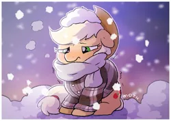 Size: 1457x1032 | Tagged: safe, artist:mochi_nation, derpibooru import, applejack, earth pony, pony, clothes, cold, female, floppy ears, freezing, frown, image, jpeg, mare, miserable, misery, sad, scarf, shivering, sitting, snow, solo, sweater, winter