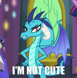 Size: 592x600 | Tagged: safe, derpibooru import, screencap, princess ember, twilight sparkle, dragon, triple threat, animated, blatant lies, cute, denial's not just a river in egypt, emberbetes, female, gif, image, i'm not cute, in denial, offscreen character, solo focus, tsundember, tsundere, twilight's castle