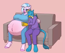 Size: 1847x1496 | Tagged: suggestive, artist:puetsua, derpibooru import, gallus, silverstream, anthro, avian, digitigrade anthro, gryphon, hippogriff, unguligrade anthro, belly, belly button, big belly, big breasts, blushing, breasts, busty silverstream, clothes, couch, couple, eyes closed, female, gallstream, huge belly, hyper, hyper belly, hyper pregnancy, image, impossibly large belly, kicking, male, outie belly button, pajamas, png, pregnant, purple eyes, shipping, simple background, sitting, sleeping, straight, tail
