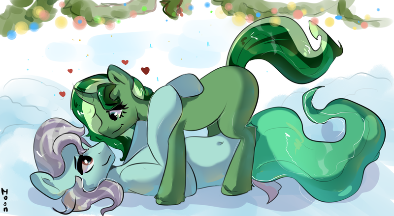 Size: 2208x1215 | Tagged: safe, artist:moon_emili, derpibooru import, oc, oc:frith peacetongue, oc:shamrock shake, lamia, original species, pony, snake, snake pony, unicorn, christmas, christmas lights, cuddling, heart, holiday, image, looking at each other, png, smiling, snow