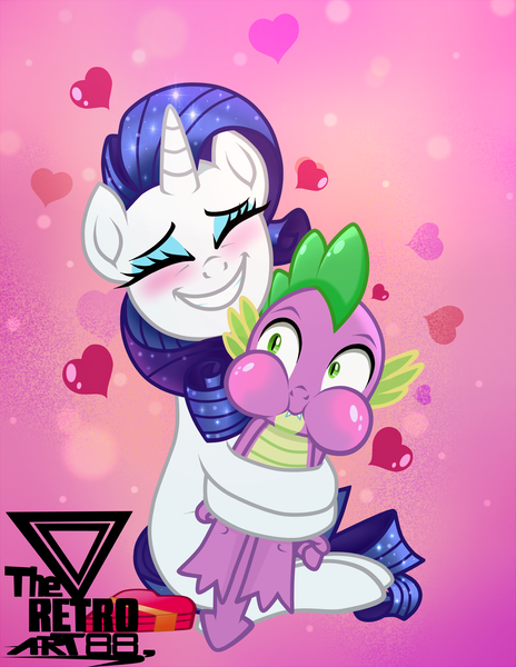 Size: 1600x2070 | Tagged: safe, artist:theretroart88, derpibooru import, rarity, spike, dragon, pony, unicorn, eyes closed, female, holiday, image, male, mare, png, puffy cheeks, shipping, sparity, straight, valentine's day