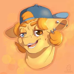 Size: 2048x2048 | Tagged: safe, artist:roseandcompany, derpibooru import, oc, oc:trucker, unofficial characters only, pony, abstract background, advertisement, backwards ballcap, backwards hat, baseball cap, bust, cap, commission, commission info, dimples, ear piercing, earring, eyelid, hat, heterochromia, image, jewelry, jpeg, lidded eyes, looking at you, open mouth, piercing, portrait, short hair, sketch, smiling, smirk, solo