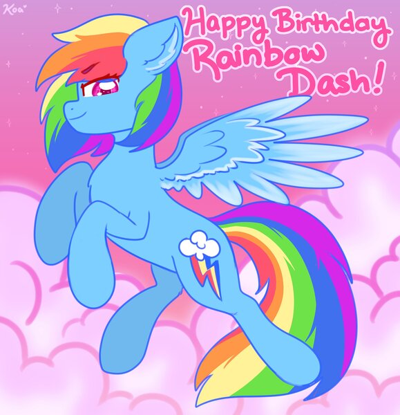 Size: 2800x2900 | Tagged: safe, artist:koapony, derpibooru import, rainbow dash, pegasus, pony, cloud, ear fluff, female, flying, happy birthday, high res, image, jpeg, mare, profile, rainbow dash day, rainbow dash's birthday, sky, solo, spread wings, wings