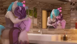 Size: 3840x2200 | Tagged: safe, artist:rinny, derpibooru import, oc, oc:lightningflash, oc:opium spark, unofficial characters only, anthro, 3d, adorasexy, bathroom, blender, clothes, crossgender, cute, floating heart, heart, holding hands, image, looking at each other, love, mirror, nightgown, nuzzling, oc x oc, png, reflection, sexy, shipping, smiling, snuggling