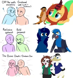 Size: 1154x1229 | Tagged: safe, artist:megaanimationfan, derpibooru import, kirin oc, oc, oc:amber, oc:david, oc:gerald, oc:midnight, oc:shauku, oc:summer breeze, unofficial characters only, alicorn, anthro, bird, cat, duck, gryphon, kirin, meerkat, alicorn oc, anthro oc, griffon oc, horn, image, oc x oc, png, shipping, simple background, white background, wings