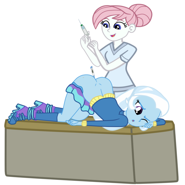 Size: 2952x2952 | Tagged: suggestive, artist:gmaplay, derpibooru import, part of a set, nurse redheart, trixie, equestria girls, anal insertion, ass, ass up, butt, face down ass up, image, imminent pain, insertion, nurse, nurse outfit, png, rectal thermometer, simple background, syringe, transparent background