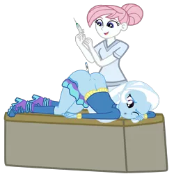 Size: 2952x2952 | Tagged: suggestive, artist:gmaplay, derpibooru import, part of a set, nurse redheart, trixie, equestria girls, anal insertion, ass, ass up, butt, face down ass up, image, imminent pain, insertion, nurse, nurse outfit, png, rectal thermometer, simple background, syringe, transparent background