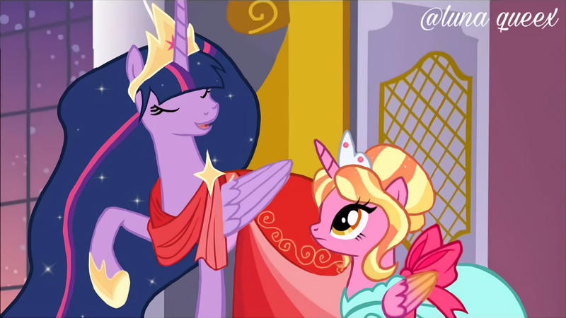 Size: 1920x1080 | Tagged: safe, artist:luna.queex, derpibooru import, edit, edited screencap, screencap, luster dawn, princess twilight 2.0, twilight sparkle, twilight sparkle (alicorn), alicorn, pony, make new friends but keep discord, the last problem, alicornified, clothes, colored wings, colored wingtips, crown, dress, duo, ethereal mane, eyelashes, eyes closed, female, hoof shoes, horn, image, indoors, jewelry, lustercorn, mare, older, older twilight, open mouth, png, race swap, raised hoof, regalia, starry mane, wings