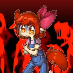 Size: 1024x1024 | Tagged: semi-grimdark, artist:thegreatrouge, derpibooru import, apple bloom, anthro, earth pony, pony, undead, zombie, zombie pony, story of the blanks, alternate hairstyle, apple bloom's bow, bow, clothes, female, hair bow, image, jeans, open mouth, overalls, pants, png, scared, shirt, solo focus, t-shirt