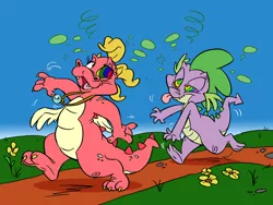 Size: 1280x961 | Tagged: safe, artist:dodgyrommer, derpibooru import, spike, cassie (dragontales), colored, commissioner:foxlover91, crossover, dragon tales, drunk, drunker spike, image, png, swirly eyes, tongue out