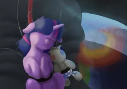 Size: 2000x1405 | Tagged: safe, artist:crabs_of_steam, derpibooru import, smarty pants, twilight sparkle, pony, unicorn, colored, destruction, doll, duo, eyes closed, female, filly, image, monitor, planet, png, science fiction, screen, shelter, sleeping, solo, space, toy