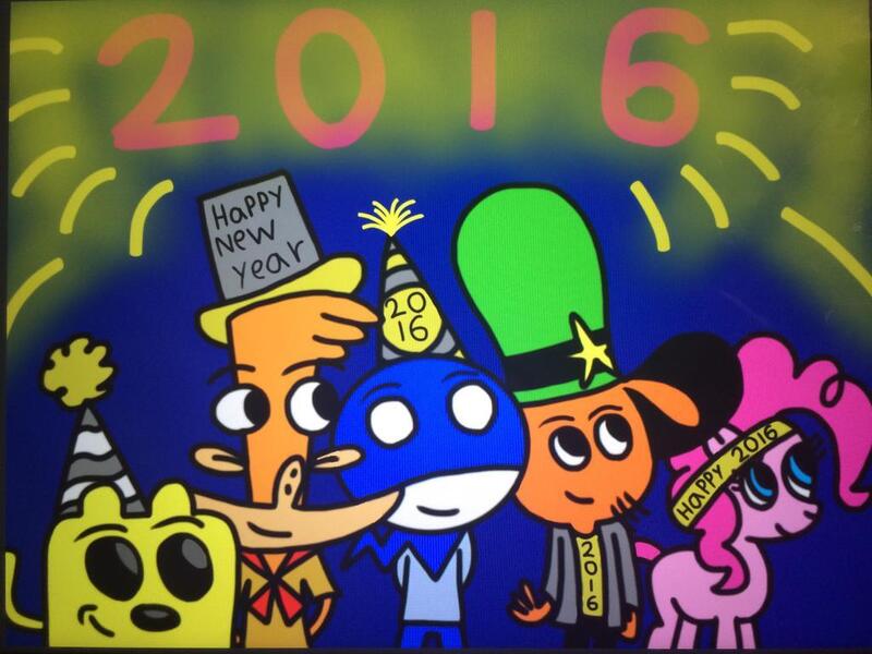 Size: 1024x768 | Tagged: safe, artist:captainlazloparadox, derpibooru import, pinkie pie, 2016, camp lazlo, chalkzone, crossover, fireworks, hat, image, jpeg, lazlo, new year, op is a slowpoke, party hat, slowpoke, snap (chalkzone), wander over yonder, wander (wander over yonder), wow wow wubbzy, wubbzy