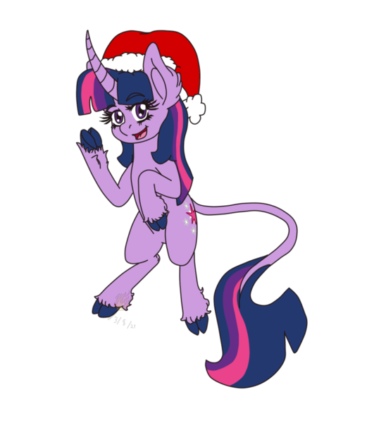 Size: 771x871 | Tagged: safe, artist:midnightfire1222, derpibooru import, twilight sparkle, pony, unicorn, christmas, cloven hooves, hat, holiday, image, leonine tail, png, request, santa hat, simple background, solo, transparent background, waving