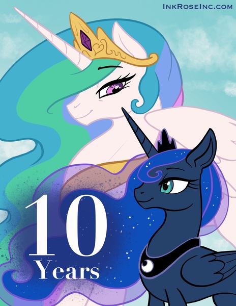 Size: 2550x3300 | Tagged: safe, artist:inkrose98, derpibooru import, princess celestia, princess luna, alicorn, cloud, crown, female, happy birthday mlp:fim, image, jewelry, jpeg, mlp fim's tenth anniversary, regalia, royal sisters, siblings, sisters, sky