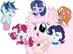 Size: 1278x954 | Tagged: safe, artist:anno酱w, derpibooru import, oc, oc:apple harvest, oc:emerald jade, oc:flora shy, oc:fluffle puff, oc:planet twinkle, oc:rushing storm, oc:strawberry cake(anno), dracony, dragon, earth pony, hybrid, pegasus, pony, unicorn, baby, baby pony, base used, bow, curly hair, eyes closed, flying, freckles, image, interspecies offspring, offspring, parent:applejack, parent:cheese sandwich, parent:discord, parent:flash sentry, parent:fluttershy, parent:pinkie pie, parent:rainbow dash, parent:rarity, parent:soarin', parent:spike, parent:trouble shoes, parent:troubleshoes clyde, parent:twilight sparkle, parents:cheesepie, parents:discoshy, parents:flashlight, parents:soarindash, parents:sparity, parents:troublejack, png, simple background