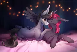 Size: 2625x1761 | Tagged: safe, artist:mithriss, derpibooru import, oc, unofficial characters only, pegasus, pony, unicorn, frog (hoof), image, lying down, nuzzling, png, prone, string lights, underhoof