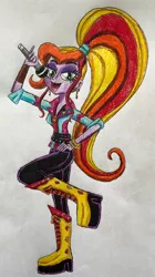 Size: 1024x1830 | Tagged: safe, artist:bozzerkazooers, derpibooru import, sunset shimmer, oc, oc:lip syncer, unofficial characters only, equestria girls, image, jpeg, microphone, singing, solo, traditional art