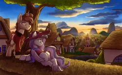 Size: 2200x1358 | Tagged: safe, artist:tsitra360, derpibooru import, oc, unofficial characters only, pegasus, pony, unicorn, clothes, commission, cutie mark, hat, high res, image, jpeg, ponyville, scenery, smiling, sunset, town hall