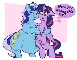 Size: 2801x2177 | Tagged: suggestive, artist:graphenescloset, derpibooru import, minuette, twilight sparkle, twilight sparkle (alicorn), alicorn, pony, unicorn, belly, big belly, bipedal, dialogue, duo, duo female, eyes closed, fat, female, floppy ears, happy, hug, image, mare, open mouth, png, smiling