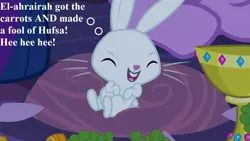 Size: 1280x720 | Tagged: safe, derpibooru import, edit, edited screencap, screencap, angel bunny, twilight sparkle, castle mane-ia, angelbetes, carrot, cute, food, goblet, image, laughing, png, the story of the trial of el-ahrairah, thinking, watership down