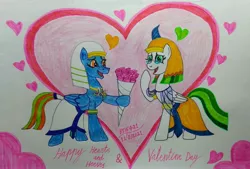 Size: 3455x2340 | Tagged: safe, artist:bsw421, derpibooru import, oc, oc:hectra, oc:scarab, pegasus, pony, bouquet, clothes, couple expressions, couples, egyptian, egyptian pony, female, flower, headdress, hearts and hooves day, holiday, husband and wife, image, jpeg, makeup, male, oc x oc, rose, shipping, skirt, straight, traditional art, valentine's day