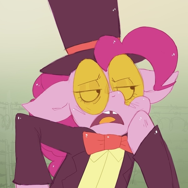 Size: 730x730 | Tagged: safe, artist:mclovin, derpibooru import, pinkie pie, ponified, earth pony, pony, clothes, crossover, hat, image, jpeg, superjail, the warden, top hat, tuxedo