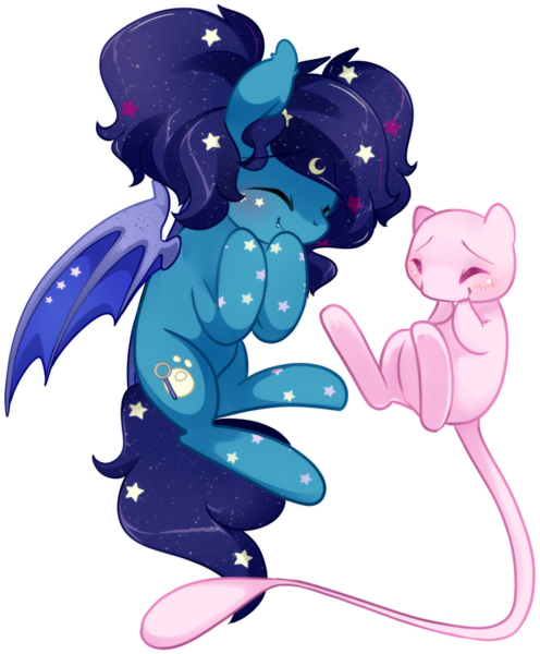 Size: 1024x1239 | Tagged: safe, artist:loyaldis, derpibooru import, oc, oc:eclipsa, bat pony, mew, bat pony oc, bat wings, blushing, cute, ethereal mane, female, floating, giggling, image, moon, png, pokémon, simple background, smiling, starry mane, stars, transparent background, wings