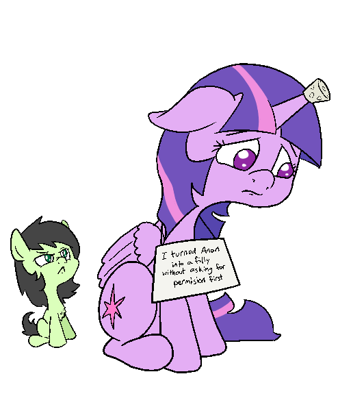 Size: 532x581 | Tagged: safe, artist:happy harvey, derpibooru import, twilight sparkle, twilight sparkle (alicorn), oc, oc:anonfilly, alicorn, earth pony, pony, angry, chest fluff, colored pupils, cork, drawn on phone, female, filly, floppy ears, horn, horn guard, image, looking down, looking up, mare, png, pony shaming, shame, sign, simple background, transformation, transparent background