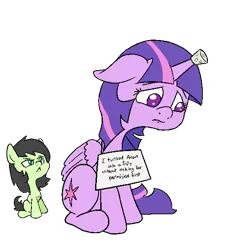 Size: 532x581 | Tagged: safe, artist:happy harvey, derpibooru import, twilight sparkle, twilight sparkle (alicorn), oc, oc:anonfilly, alicorn, earth pony, pony, angry, chest fluff, colored pupils, cork, drawn on phone, female, filly, floppy ears, horn, horn guard, image, looking down, looking up, mare, png, pony shaming, shame, sign, simple background, transformation, transparent background