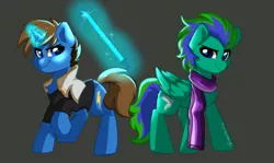 Size: 2241x1336 | Tagged: safe, artist:cottonsweets, derpibooru import, oc, oc:gale twister, unofficial characters only, pegasus, pony, unicorn, clothes, image, png, scarf, sword, weapon