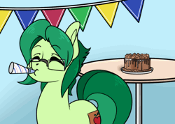 Size: 560x399 | Tagged: safe, artist:appelknekten, derpibooru import, oc, oc:appel, unofficial characters only, earth pony, pony, animated, birthday, birthday cake, cake, eyebrows visible through hair, eyes closed, food, gif, glasses, happy, image, male, party, solo, stallion