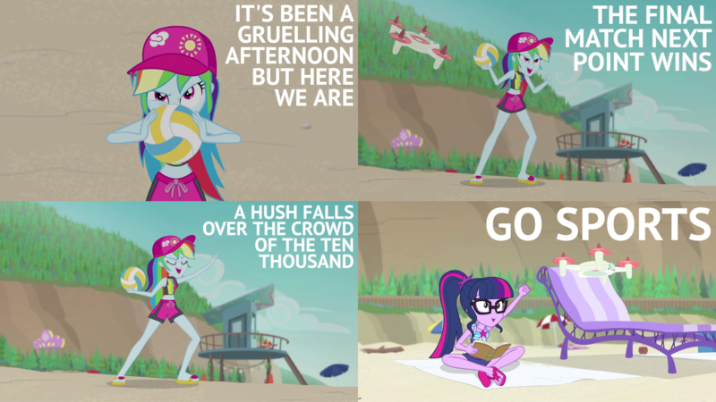 Size: 1986x1117 | Tagged: safe, derpibooru import, edit, edited screencap, editor:quoterific, screencap, rainbow dash, sci-twi, twilight sparkle, equestria girls, equestria girls series, forgotten friendship, book, cap, clothes, drone, duo, eyes closed, feet, flip-flops, go sports, hat, image, open mouth, png, sandals, sitting, sports, swimsuit, volleyball