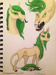 Size: 612x816 | Tagged: safe, artist:stargazerseven, derpibooru import, oc, unofficial characters only, kelpie, pony, unicorn, bust, female, horn, image, leonine tail, png, sharp teeth, teeth, tongue out, traditional art, unicorn oc