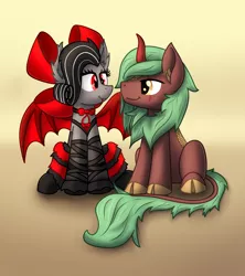 Size: 3500x3938 | Tagged: safe, artist:yugtra, derpibooru import, oc, oc:selketo, oc:valentora, bat pony, kirin, pony, bat pony oc, bat wings, bow, clothes, couple, curly mane, dress, eye contact, eyelashes, fangs, female, image, kirin oc, leg warmers, looking at each other, male, png, red and black oc, ribbon, scar, sitting, smiling, tail, tail fluff, wings