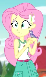 Size: 323x543 | Tagged: safe, derpibooru import, screencap, fluttershy, bird, equestria girls, legend of everfree, legend of everfree - bloopers, chickadee (bird), clothes, cropped, female, image, png, sleeveless, tanktop