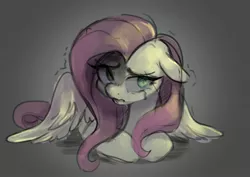 Size: 2906x2061 | Tagged: safe, artist:techycutie, derpibooru import, fluttershy, pegasus, pony, crying, female, floppy ears, head turn, image, jpeg, looking at you, looking sideways, lying down, mare, prone, sad, scared, solo, spread wings, trembling, wavy mouth, wings, wings down