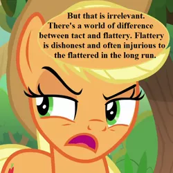 Size: 720x720 | Tagged: safe, derpibooru import, edit, edited screencap, screencap, applejack, sounds of silence, applejack's hat, cowboy hat, cropped, hat, image, offscreen character, png, speech, speech bubble, talking